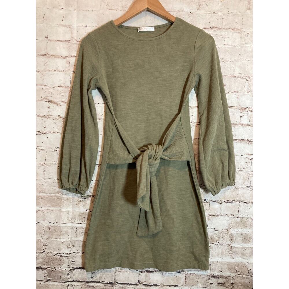 R. Vivimos Dress Womens Small Mustard Muted Green Front Balloon Sleeve Textured